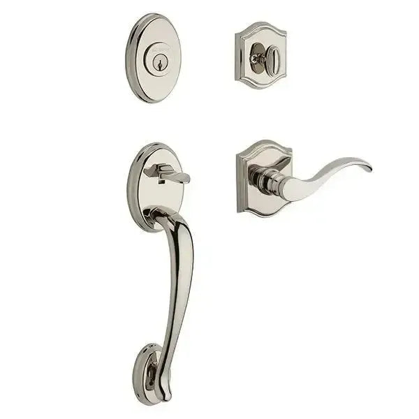 Baldwin Columbus Handleset with Interior Curve Lever with Traditional Arch Rosette in Lifetime Polished Nickel finish