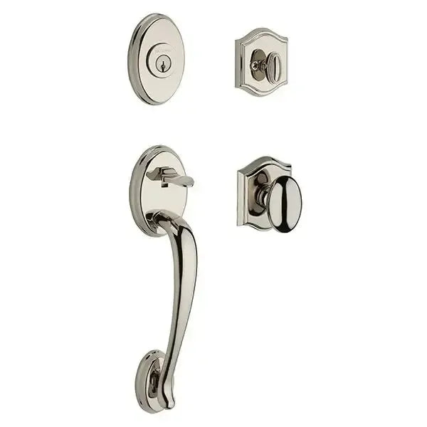 Baldwin Columbus Handleset with Interior Ellipse Knob with Traditional Arch Rosette in Lifetime Polished Nickel finish