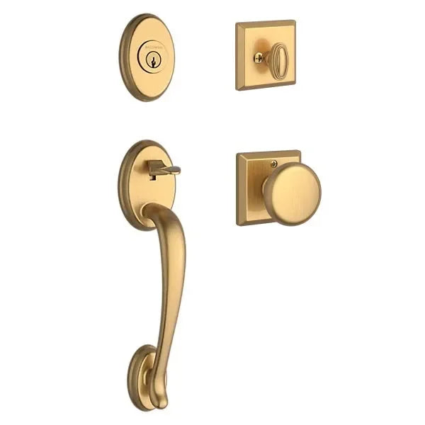 The Baldwin Reserve Columbus Handleset with Interior Round Knob with Traditional Square Rosette in Lifetime Satin Brass finish.