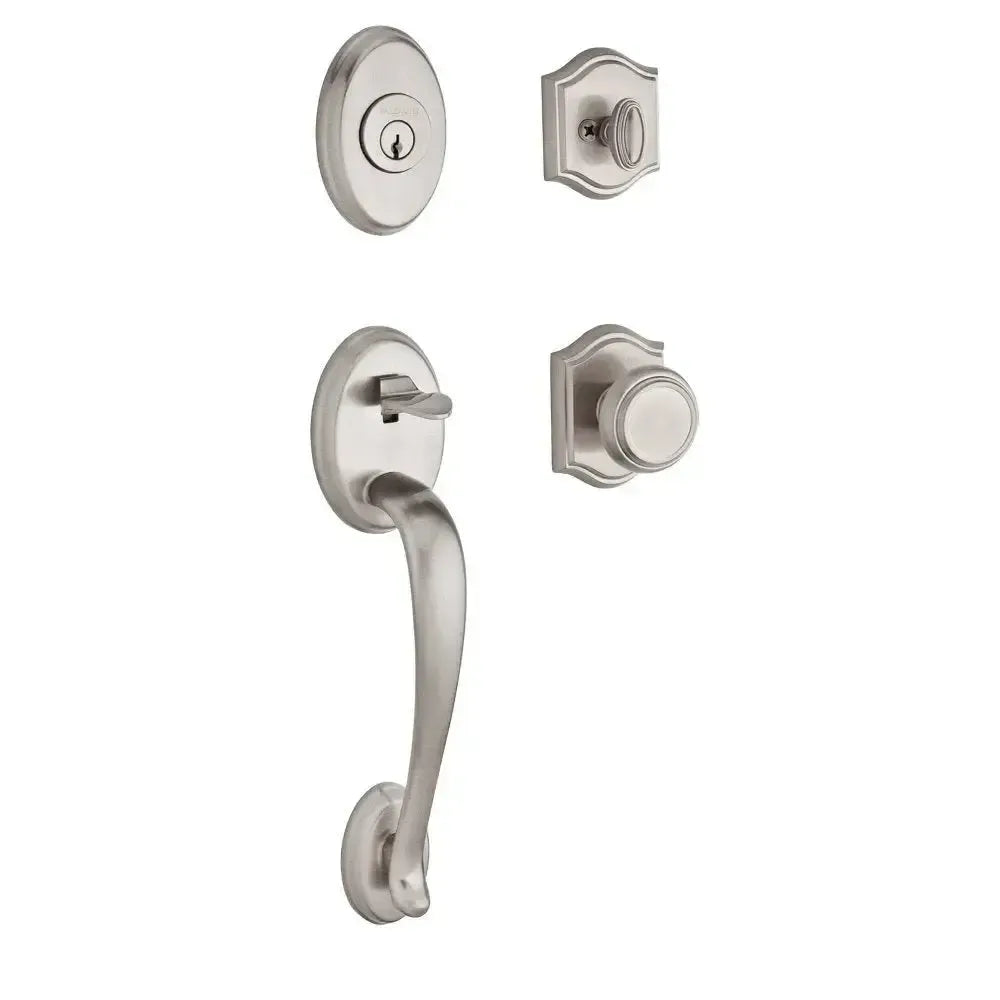 Baldwin Columbus Handleset with Interior Traditional Knob with Traditional Arch Rosette in Lifetime Satin Nickel finish
