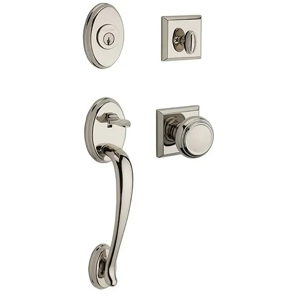 The Baldwin Reserve Columbus Handleset with Interior Traditional Knob with Traditional Square Rosette in Lifetime Polished Nickel finish.