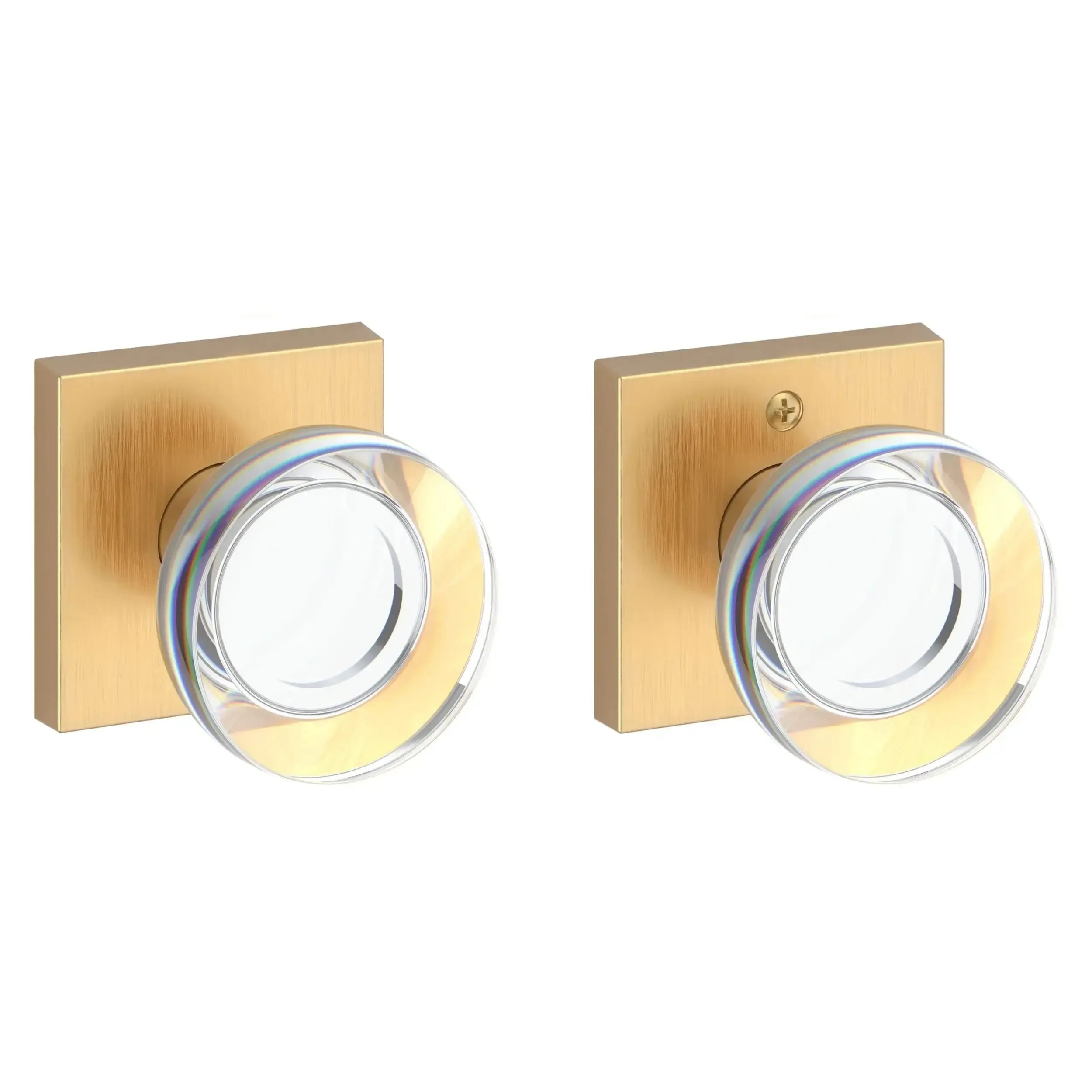 Baldwin Contemporary Crystal Knob with Contemporary Square Rosette in Lifetime Satin Brass finish
