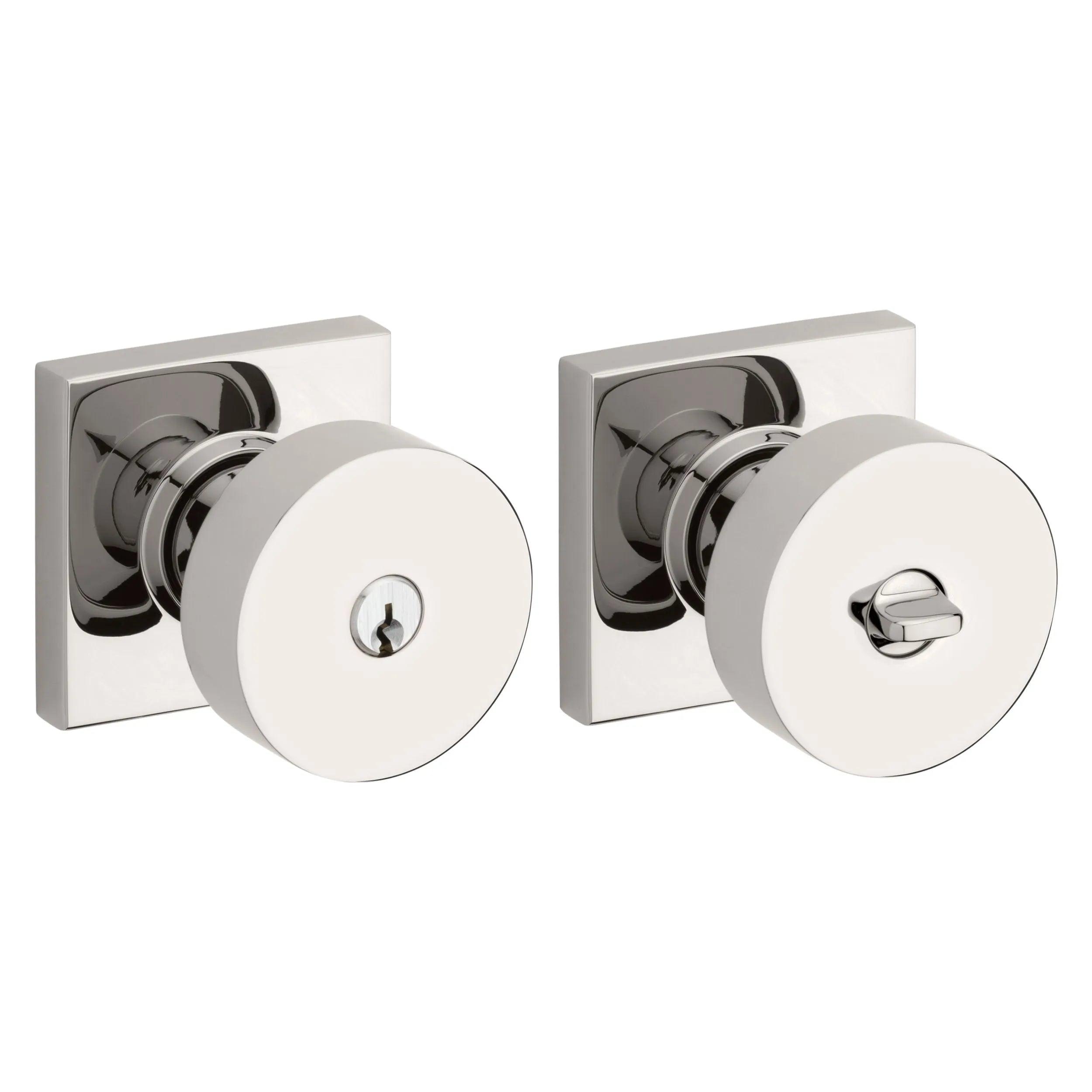 The Baldwin Estate 5250 Minneapolis Keyed Knob with Square Rosette in Lifetime Polished Nickel finish.