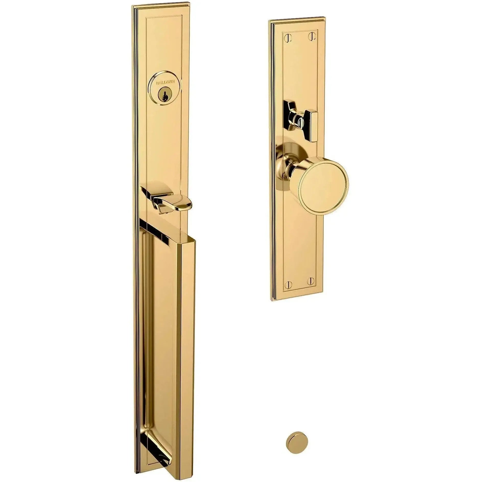 Baldwin Hollywood Hills Mortise Handleset Entrance Trim with Interior K008 Knob in Lifetime Polished Brass finish