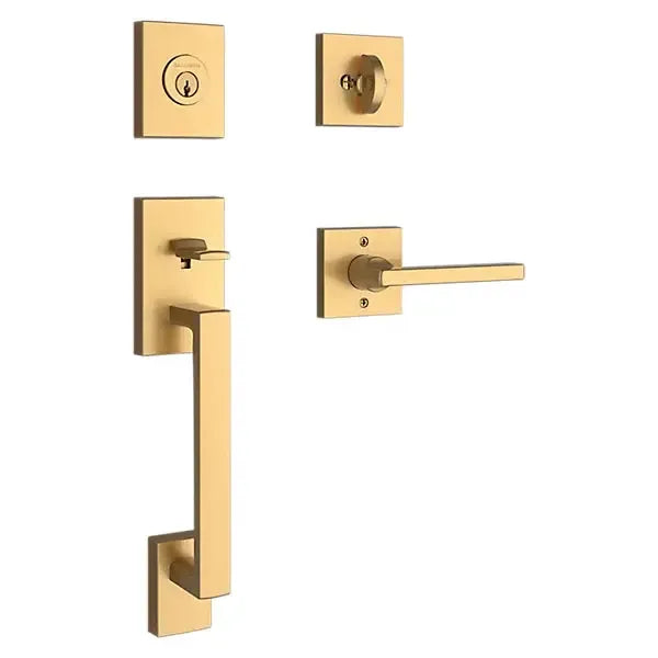 Baldwin La Jolla Handleset with Interior Square Lever with Contemporary Square Rosette in Lifetime Satin Brass finish