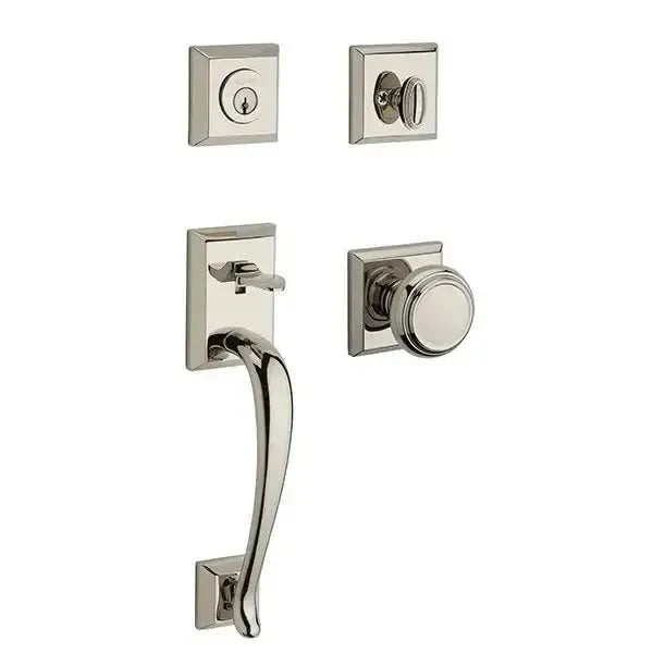 Baldwin Napa Handleset with Interior Traditional Knob with Traditional Square Rosette in Lifetime Polished Nickel finish