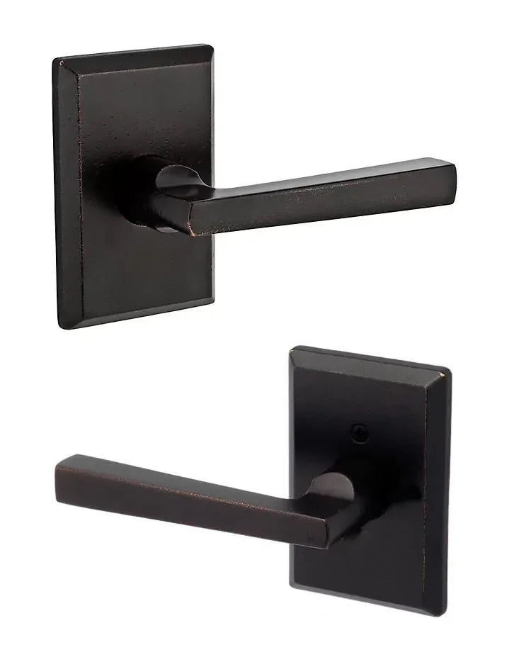 The Baldwin Reserve Taper Lever with Rustic Square Rosette in Dark Bronze finish.