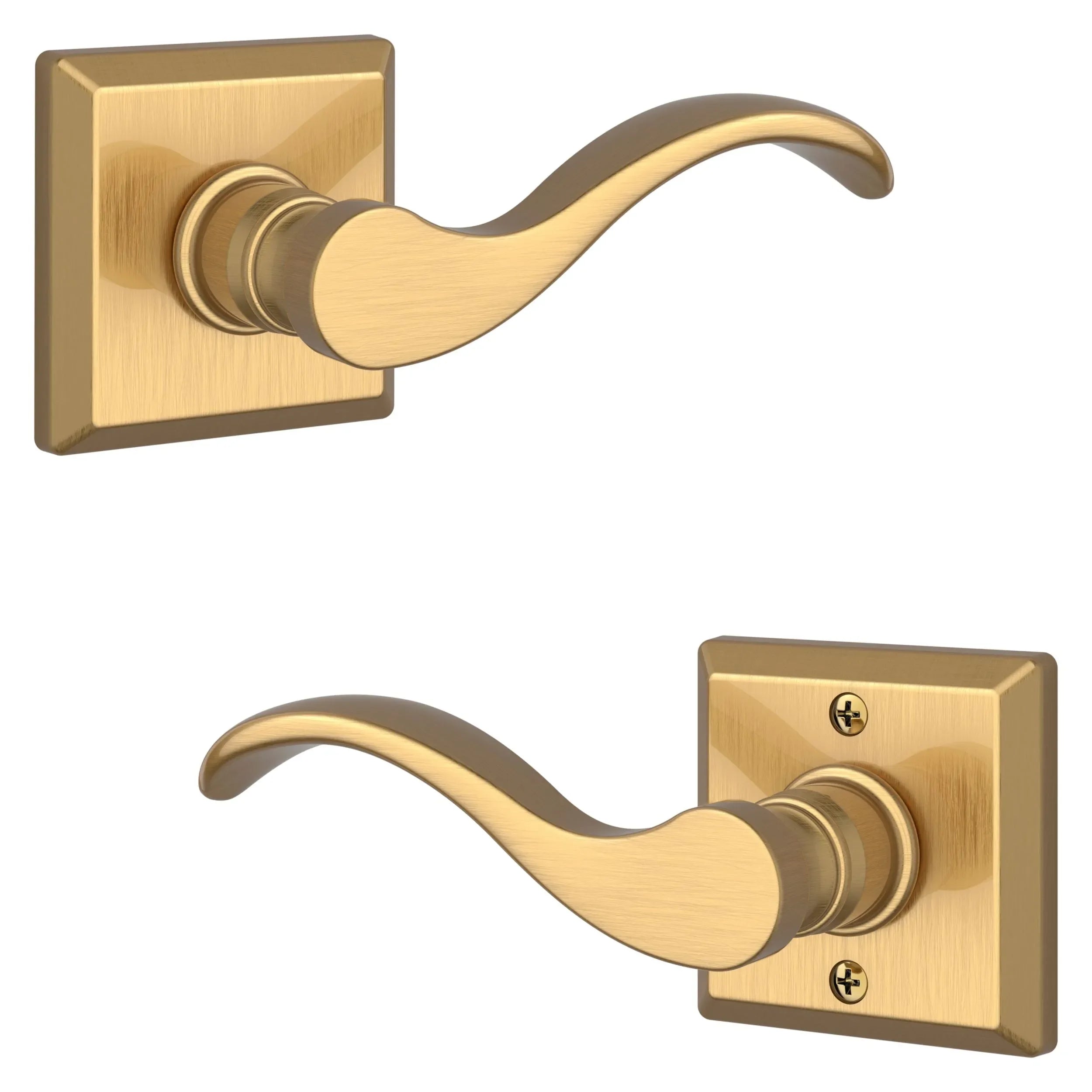 The Baldwin Reserve Curve Lever with Traditional Square Rosette in Lifetime Satin Brass finish.