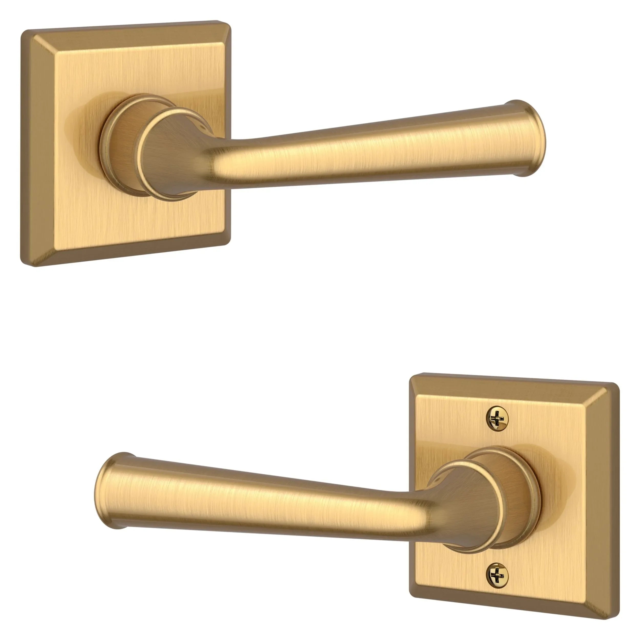The Baldwin Reserve Federal Lever with Traditional Square Rosette in Lifetime Satin Brass finish.