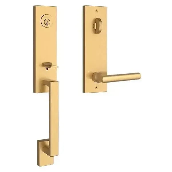 Baldwin Seattle Handleset with Interior Tube Lever and Contemporary Square Escutcheon in Lifetime Satin Brass finish