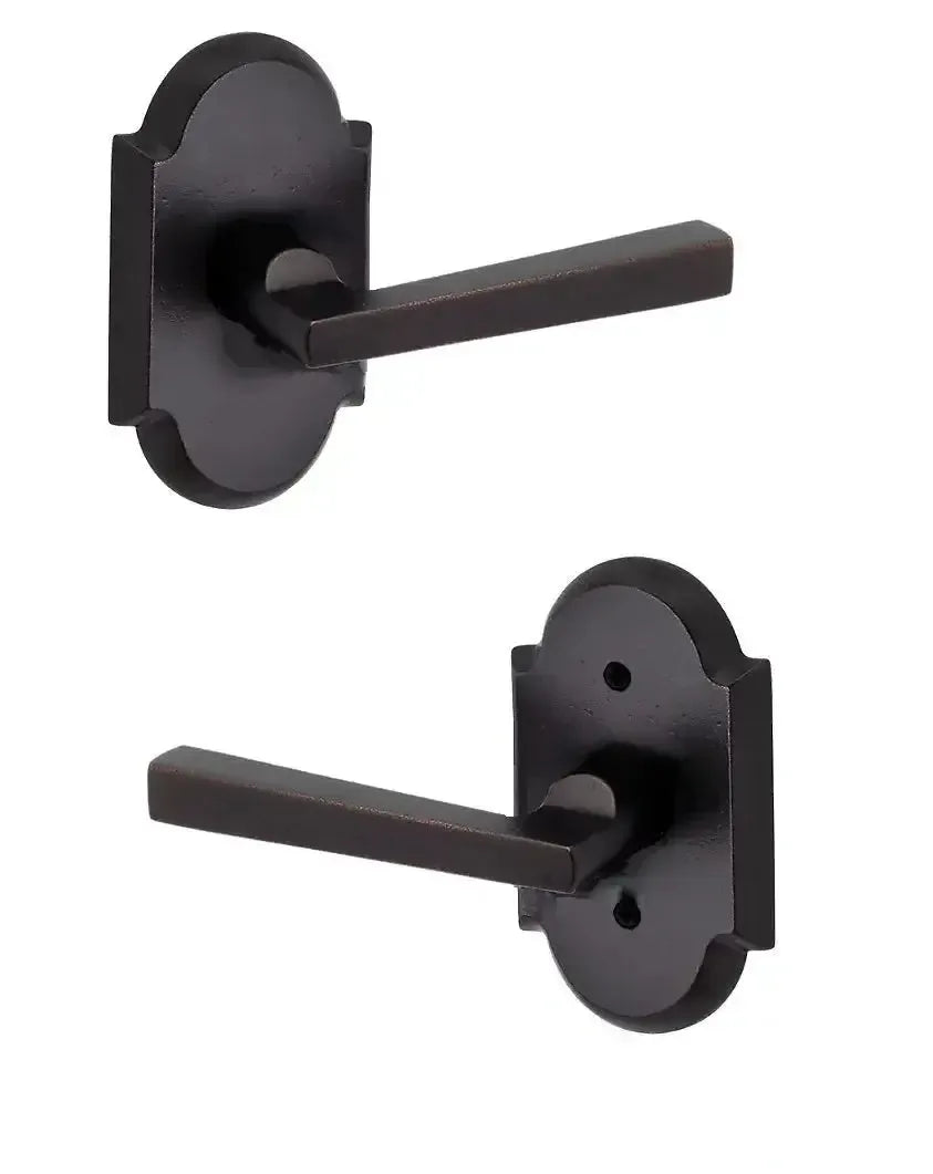 Baldwin Taper Lever with Rustic Arch Rosette in Dark Bronze finish