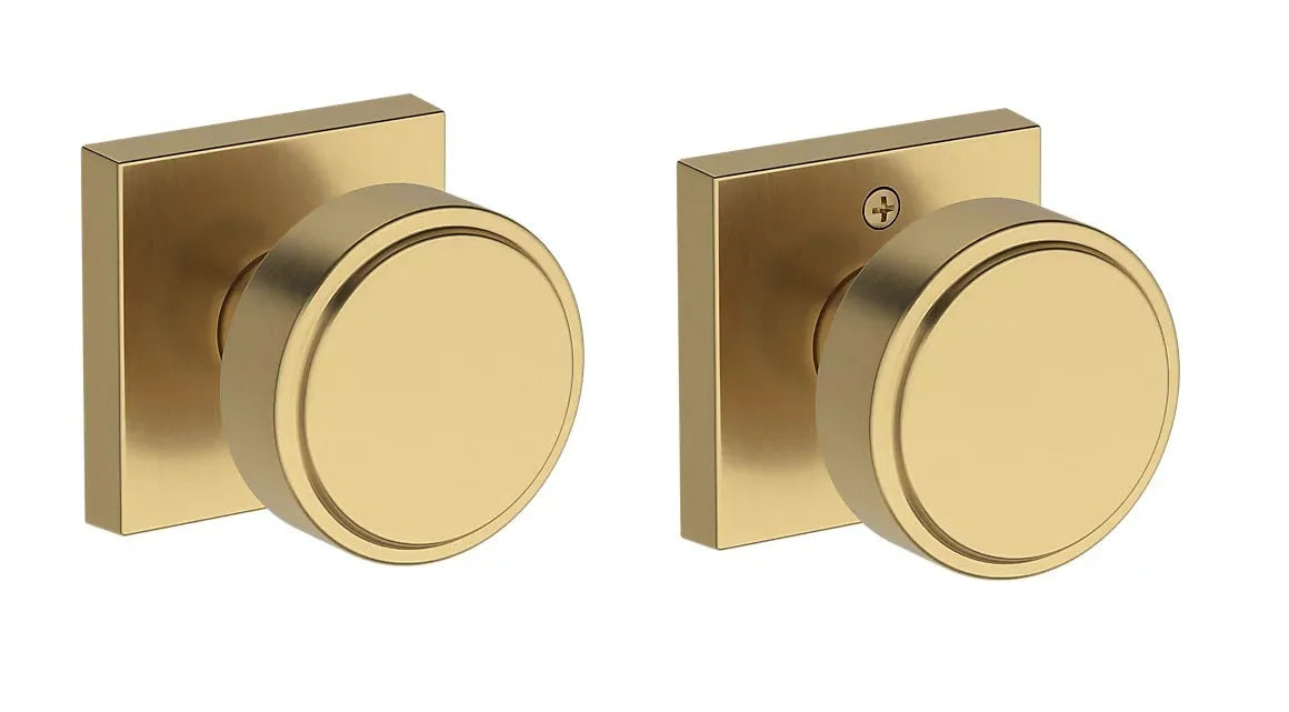 Baldwin Vashon Knob with Contemporary Square Rosette in Satin Brass finish
