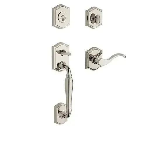 Baldwin Westcliff Handleset with Interior Curve Lever with Traditional Arch Rosette in Lifetime Polished Nickel finish