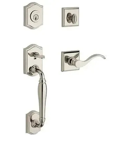 Baldwin Westcliff Handleset with Interior Curve Lever with Traditional Square Rosette in Lifetime Polished Nickel finish