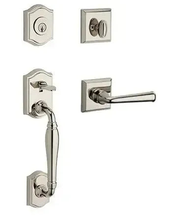Baldwin Westcliff Handleset with Interior Federal Lever with Traditional Square Rosette in Lifetime Polished Nickel finish