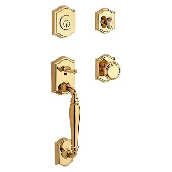 Baldwin Westcliff Handleset with Interior Traditional Knob with Traditional Arch Rosette in Lifetime Polished Brass finish