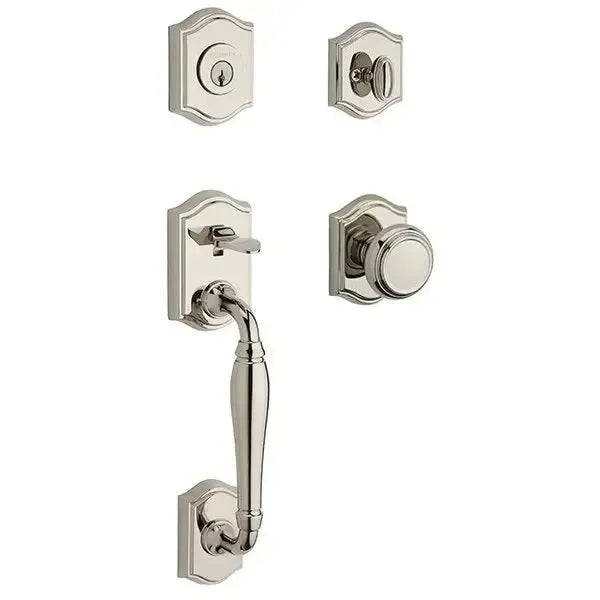 Baldwin Westcliff Handleset with Interior Traditional Knob with Traditional Arch Rosette in Lifetime Polished Nickel finish