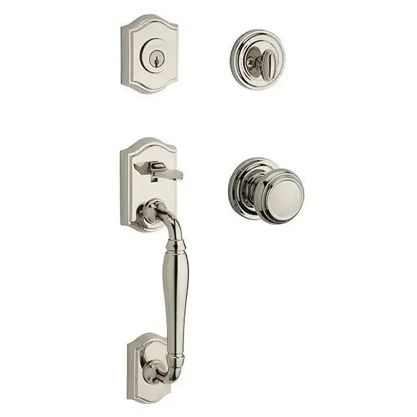 Baldwin Westcliff Handleset with Interior Traditional Knob with Traditional Round Rosette in Lifetime Polished Nickel finish