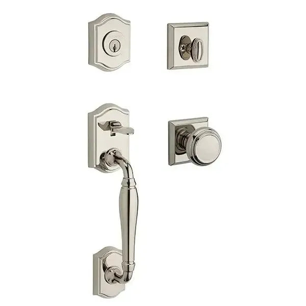 Baldwin Westcliff Handleset with Interior Traditional Knob with Traditional Square Rosette in Lifetime Polished Nickel finish