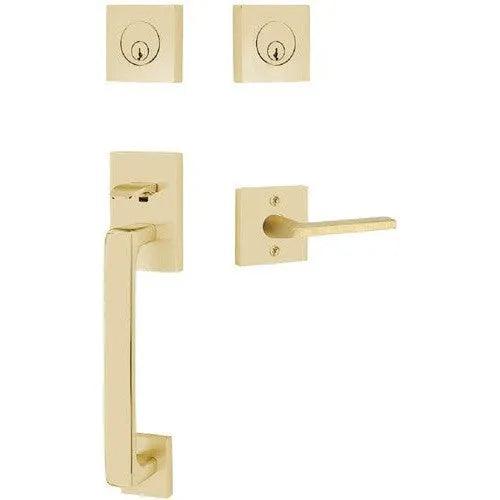 Emtek Baden Tubular Entrance Handleset with Helios Lever Satin Brass