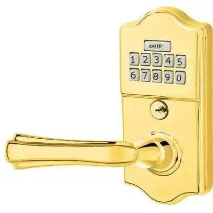 Emtek Classic Electronic Keypad Leverset with Wembley Lever in Polished Brass finish