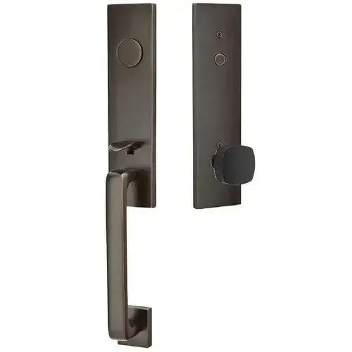 Emtek Davos Tubular Entrance Handleset With Freestone Square Knob in