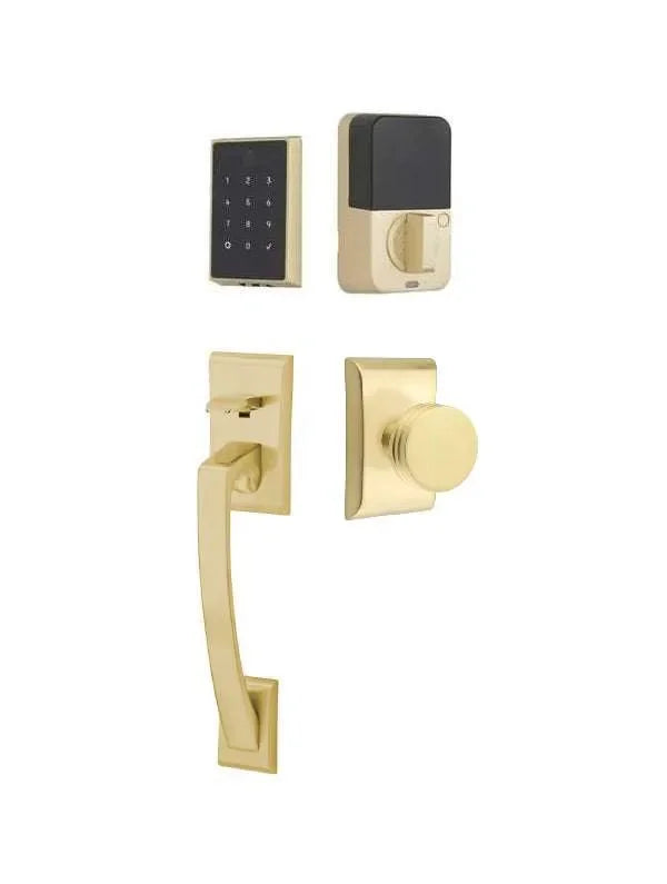 Emtek EMPowered 2 Touch Entry Set with Ares Grip and Interior Bern Knob Satin Brass