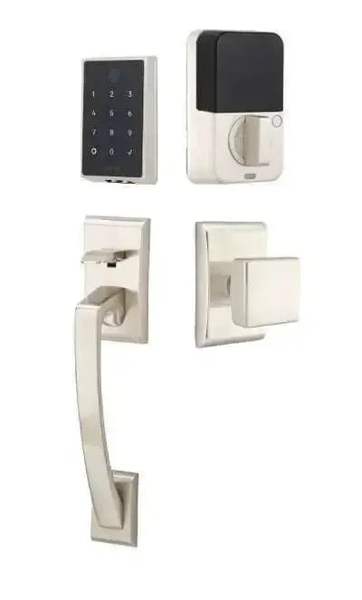 Emtek EMPowered 2 Touch Entry Set with Ares Grip and Interior Square Knob in