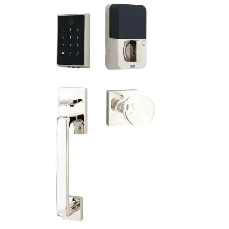 Emtek EMPowered 2 Touch Entry Set with Baden Grip and Bristol Glass Knob in Lifetime Polished Nickel finish