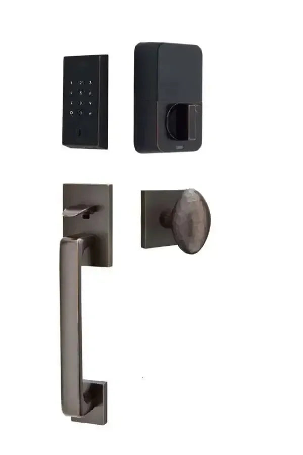 Emtek EMPowered 2 Touch Entry Set with Baden Grip and Hammered Egg Knob in Oil Rubbed Bronze finish