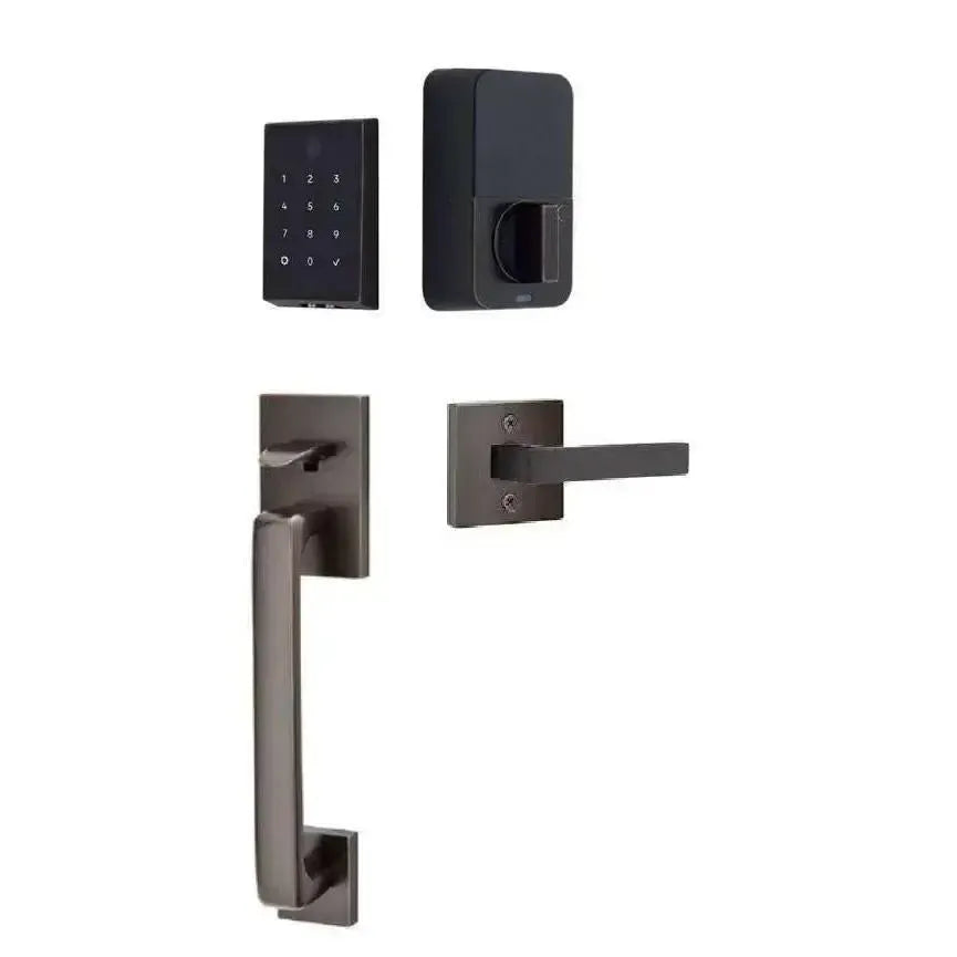 Emtek EMPowered 2 Touch Entry Set with Baden Grip and Interior Dumont Lever in Oil Rubbed Bronze finish