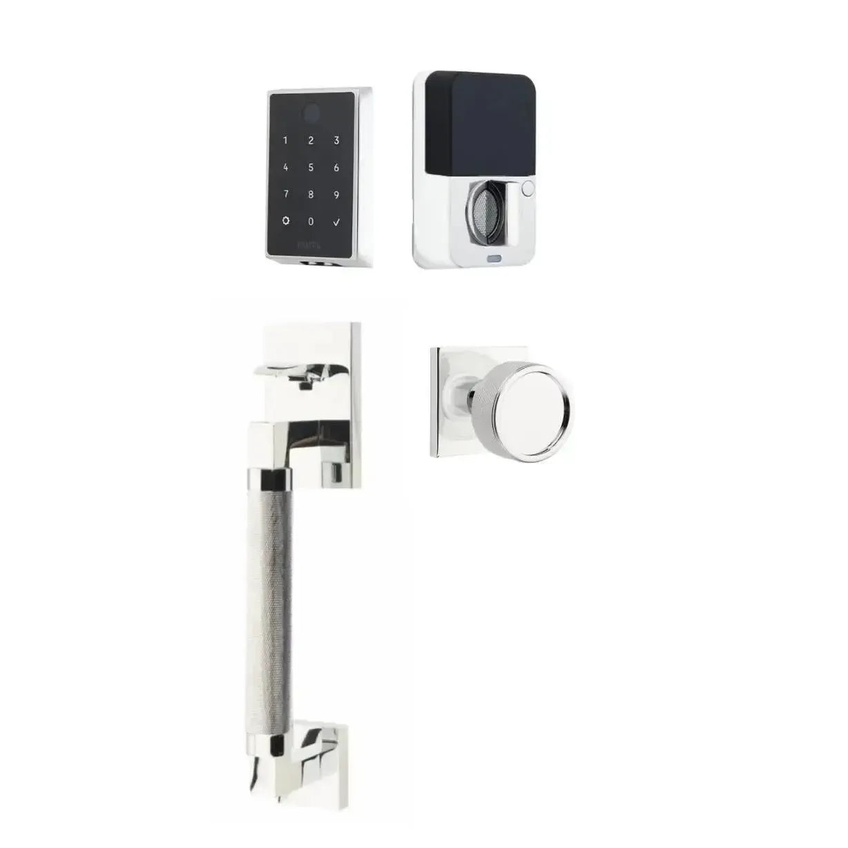 Emtek EMPowered 2 Touch Entry Set with Hercules Knurled Grip and Conical Knurled Knob in Polished Chrome finish