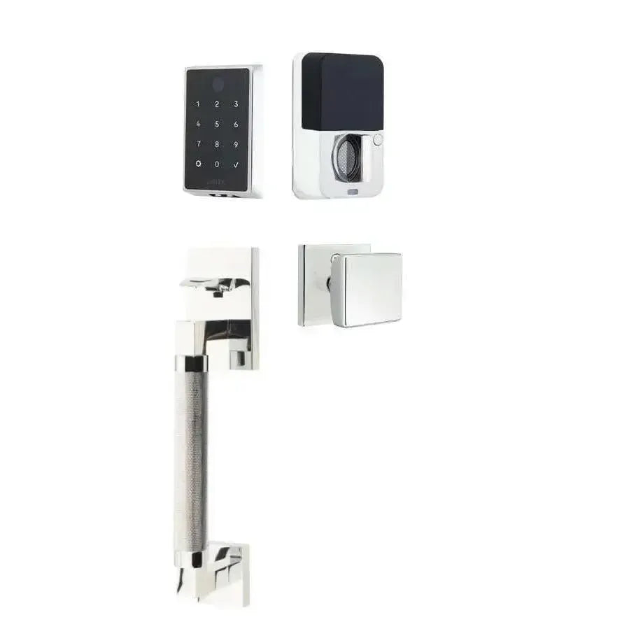 Emtek EMPowered 2 Touch Entry Set with Hercules Knurled Grip and Square Knob in Polished Chrome finish