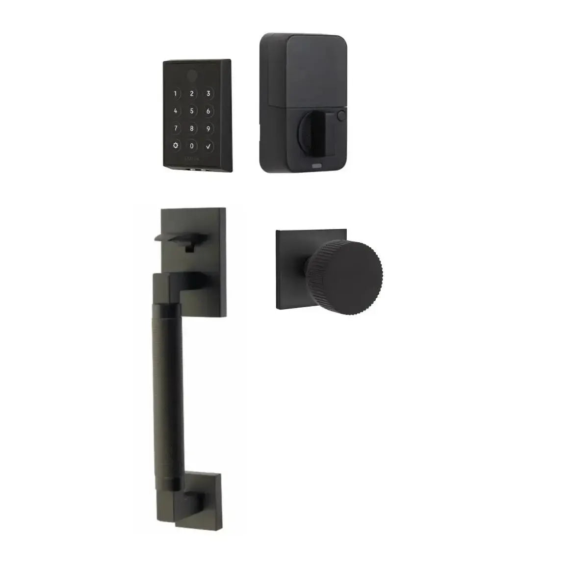 Emtek EMPowered 2 Touch Entry Set with Hercules Smooth Grip and Conical Straight Knurled Knob in Flat Black finish