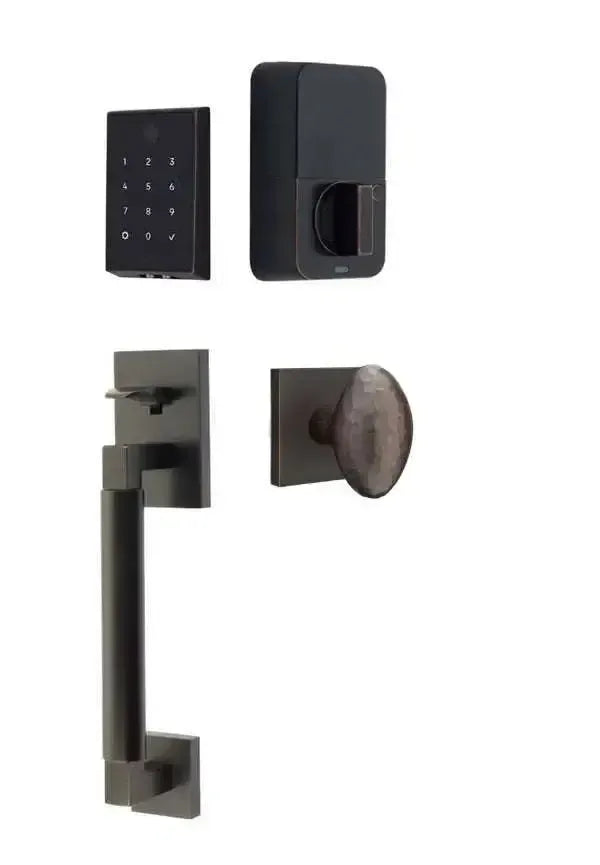 Emtek EMPowered 2 Touch Entry Set with Hercules Smooth Grip and Hammered Egg Knob in Oil Rubbed Bronze finish