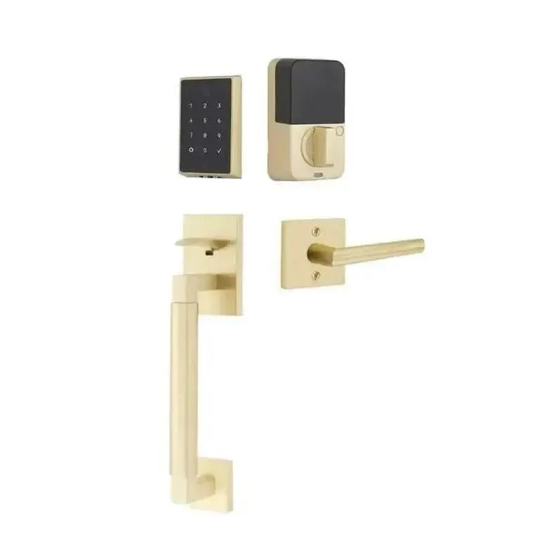 Emtek EMPowered 2 Touch Entry Set with Hercules Smooth Grip and Stuttgart Lever in Satin Brass finish
