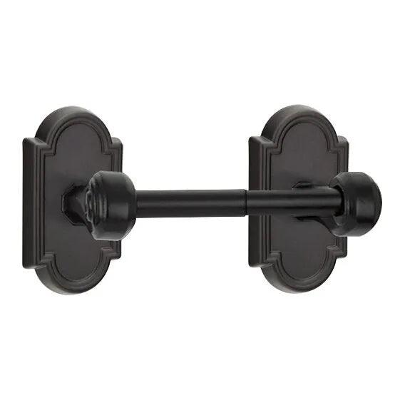 The Emtek Tuscany Paper Holder - Spring Rod Style with #11 Rosette in Flat Black Bronze Patina finish.