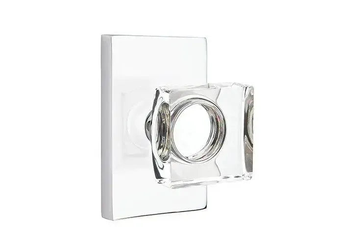 Emtek Modern Square Crystal Knob with Modern Rectangular Rosette in Polished Chrome finish
