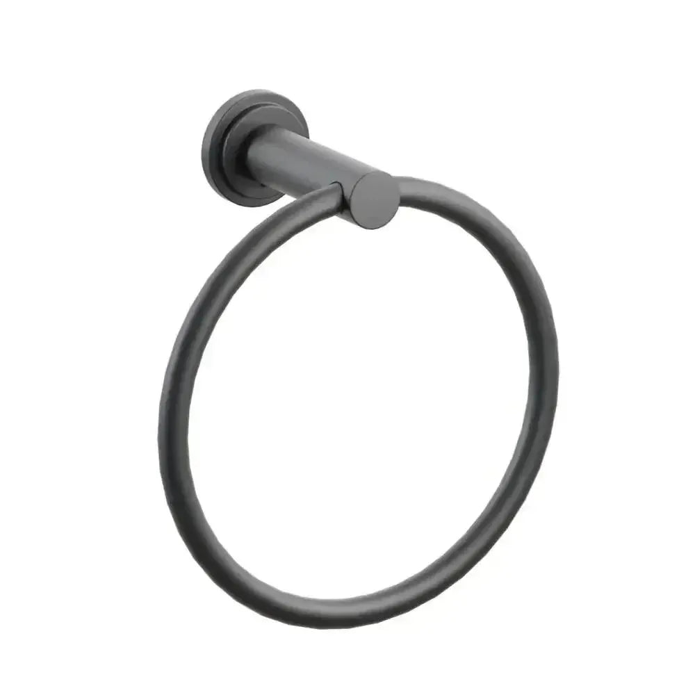 Emtek Modern Tubular Brass Towel Ring with Step Disk Rosette in Flat Black finish