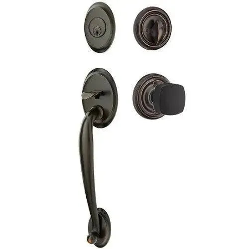 Emtek Saratoga Tubular Entrance Handleset With Freestone Square Knob in Oil Rubbed Bronze finish
