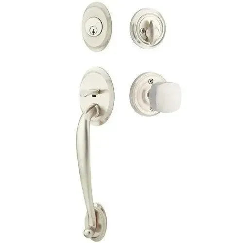 Emtek Saratoga Tubular Entrance Handleset With Freestone Square Knob in Satin Nickel finish