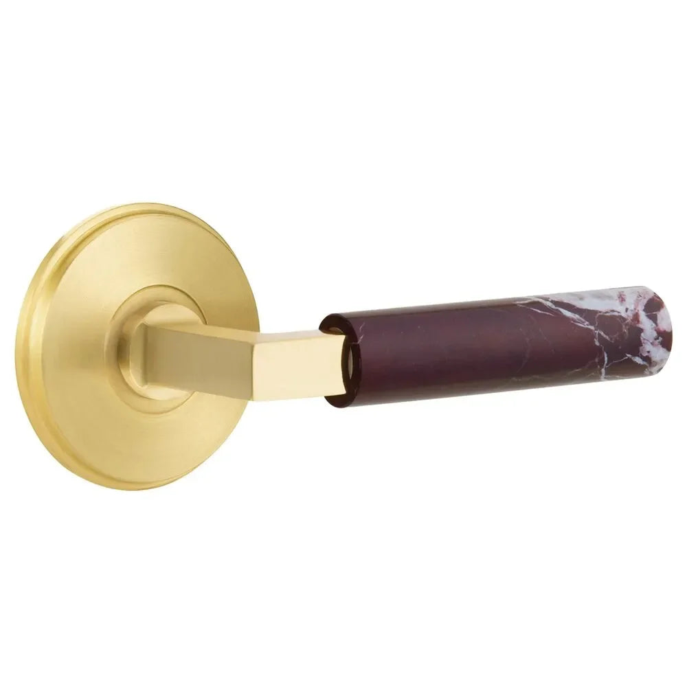 The Emtek Select L-Square Rosso Levanto Marble Lever with Watford Rosette in Satin Brass finish.