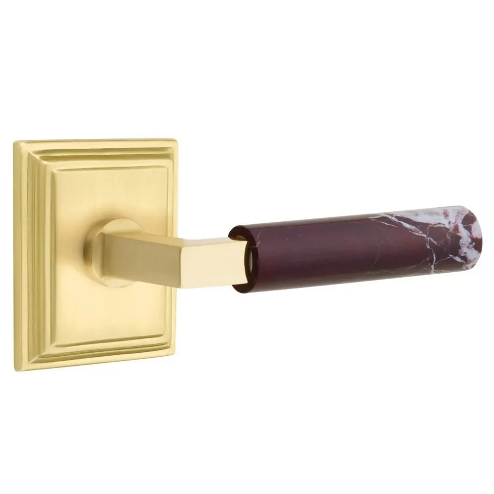 The Emtek Select L-Square Rosso Levanto Marble Lever with Wilshire Rosette in Satin Brass finish.