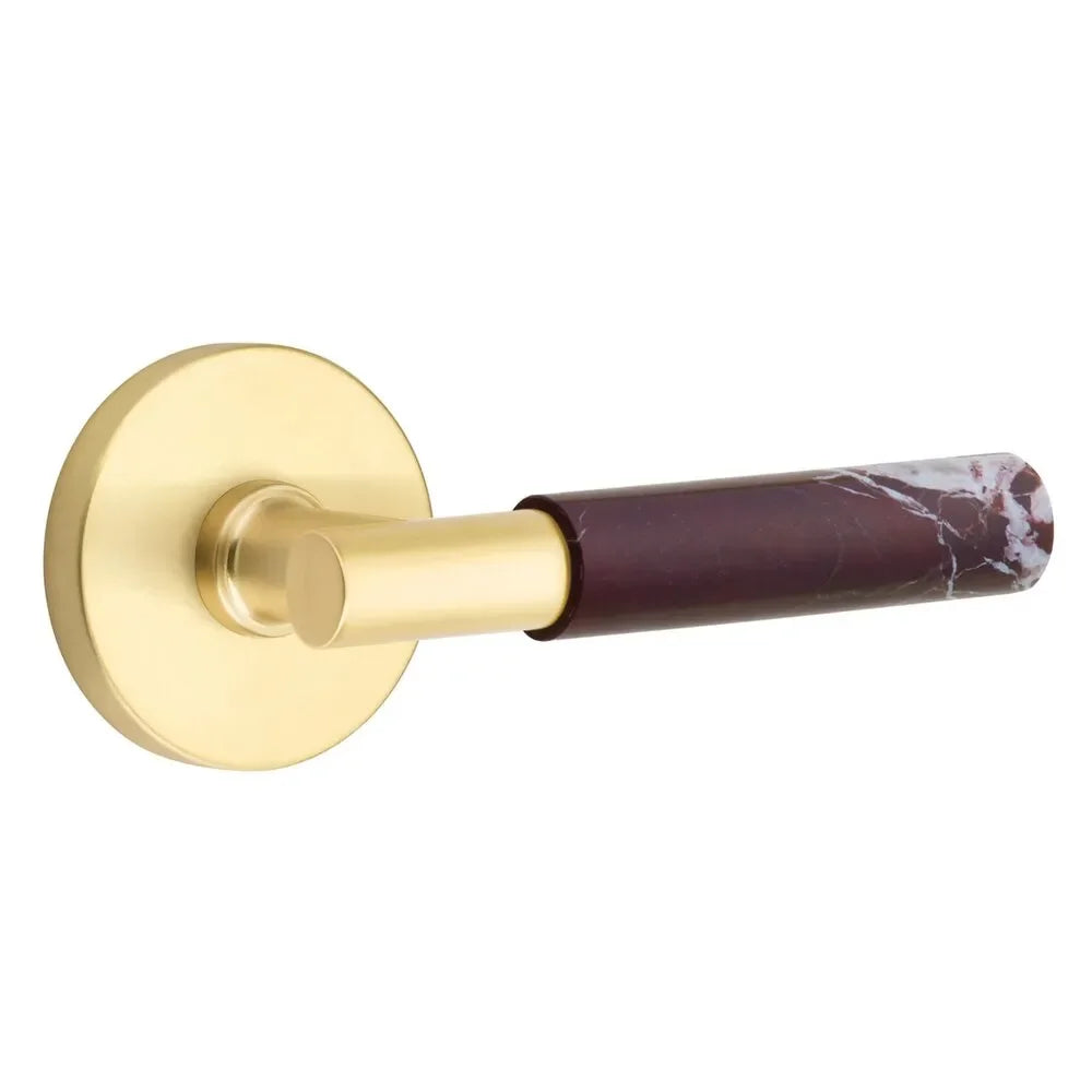 The Emtek Select T-Bar Rosso Levanto Marble Lever with Disk Rosette in Satin Brass finish.