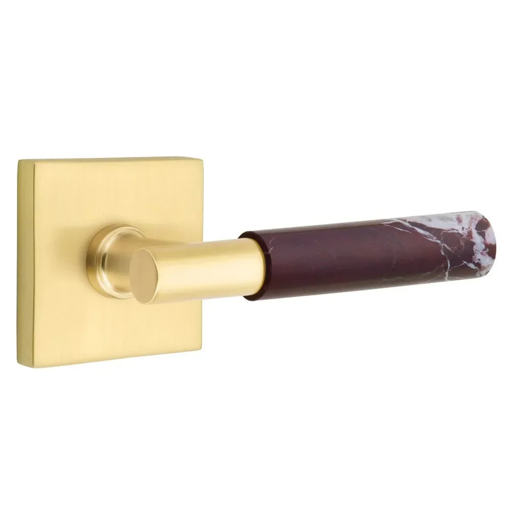 The Emtek Select T-Bar Rosso Levanto Marble Lever with Square Rosette in Satin Brass finish.