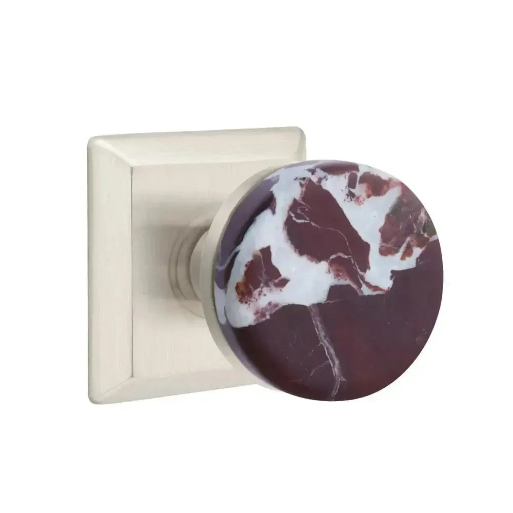 Emtek Select Conical Rosso Levanto Marble Knobset with Quincy Rosette in Satin Nickel finish