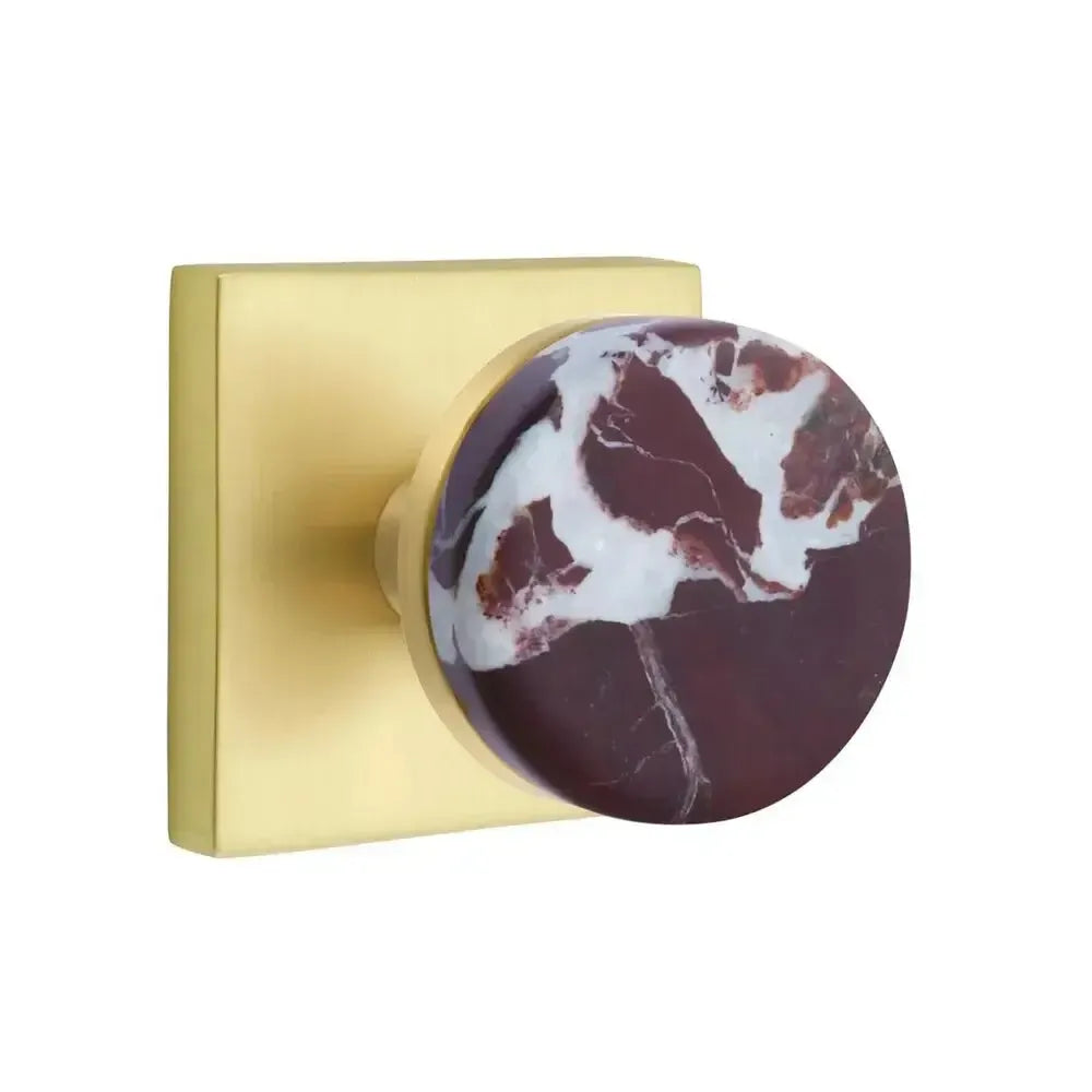 Emtek Select Conical Rosso Levanto Marble Knobset with Square Rosette in Satin Brass finish
