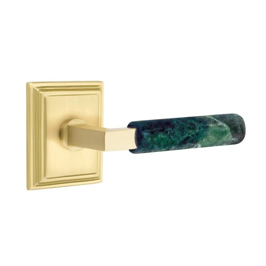 Emtek Select L-Square Green Marble Lever with Wilshire Rosette Satin Brass