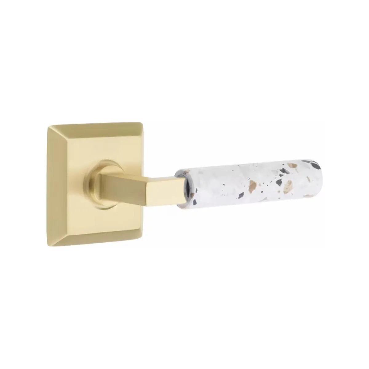 Emtek Select L-Square Terrazzo Lever with Quincy Rosette Satin Brass