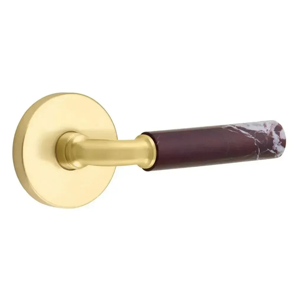 Emtek Select R-Bar Rosso Levanto Marble Lever with Disk Rosette in Satin Brass finish